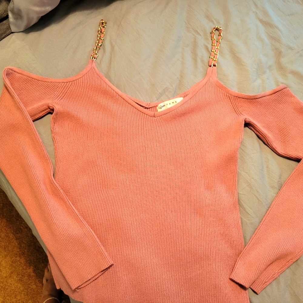Rave Blush Off-Shoulder Sweater with Gold Chains